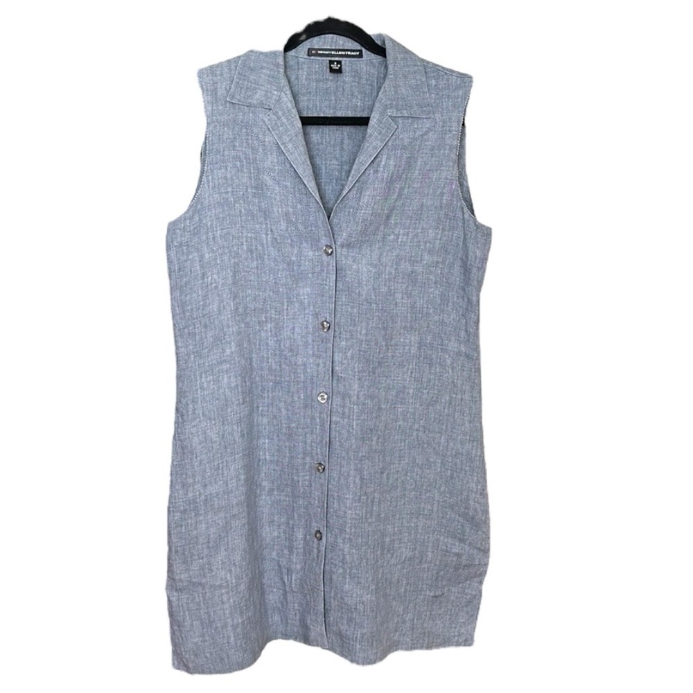 ELLEN TRACY Blue Linen Shirtdress Casual Lounge Sleeveless Button Front, Size 8 - Picture 10 of 13